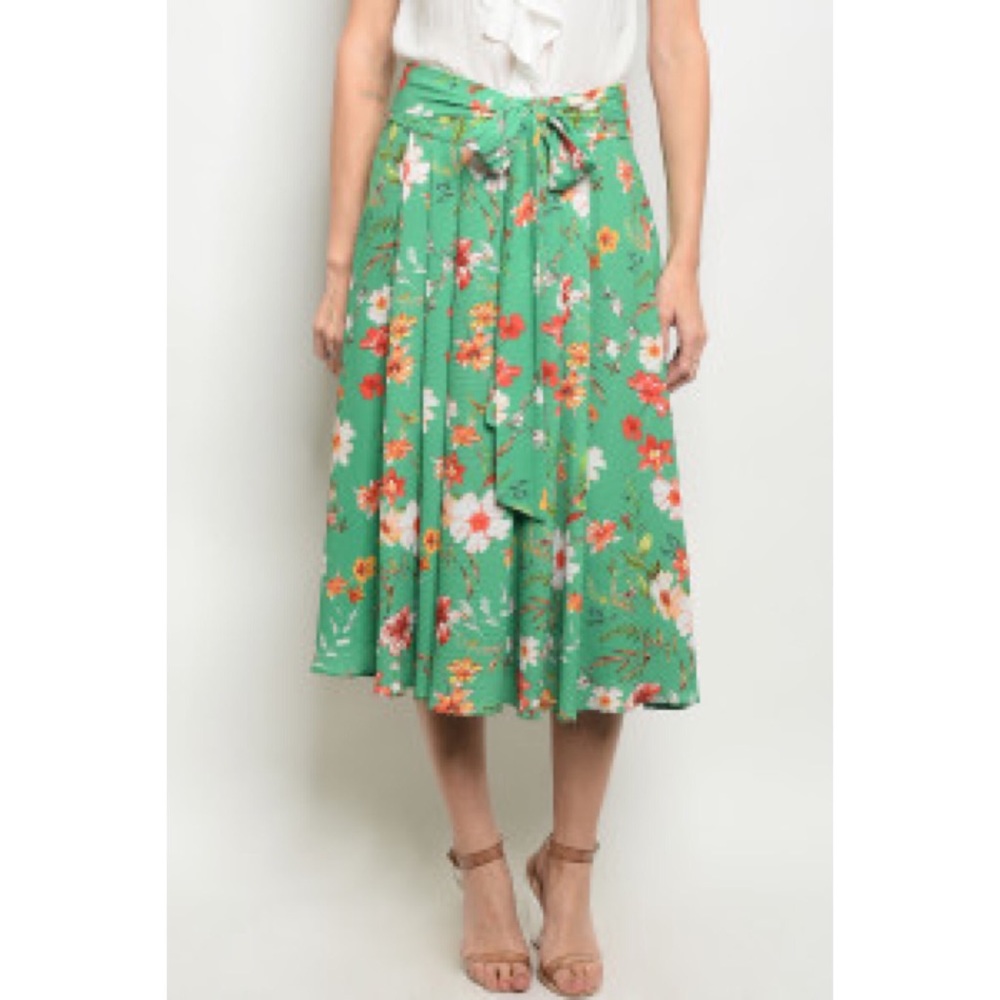 Green Floral Pleated Women’s Midi Skirt